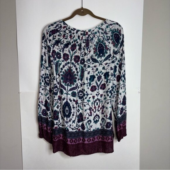 Lucky Brand Women's Large Floral Blouse Tunic Top Peasant Boho Long Sleeve Tie - Picture 10 of 10